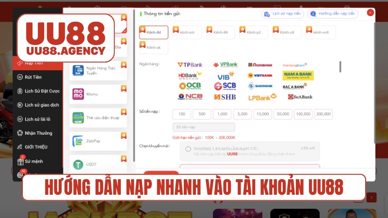 Hướng dẫn nạp nhanh vào tài khoản UU88
